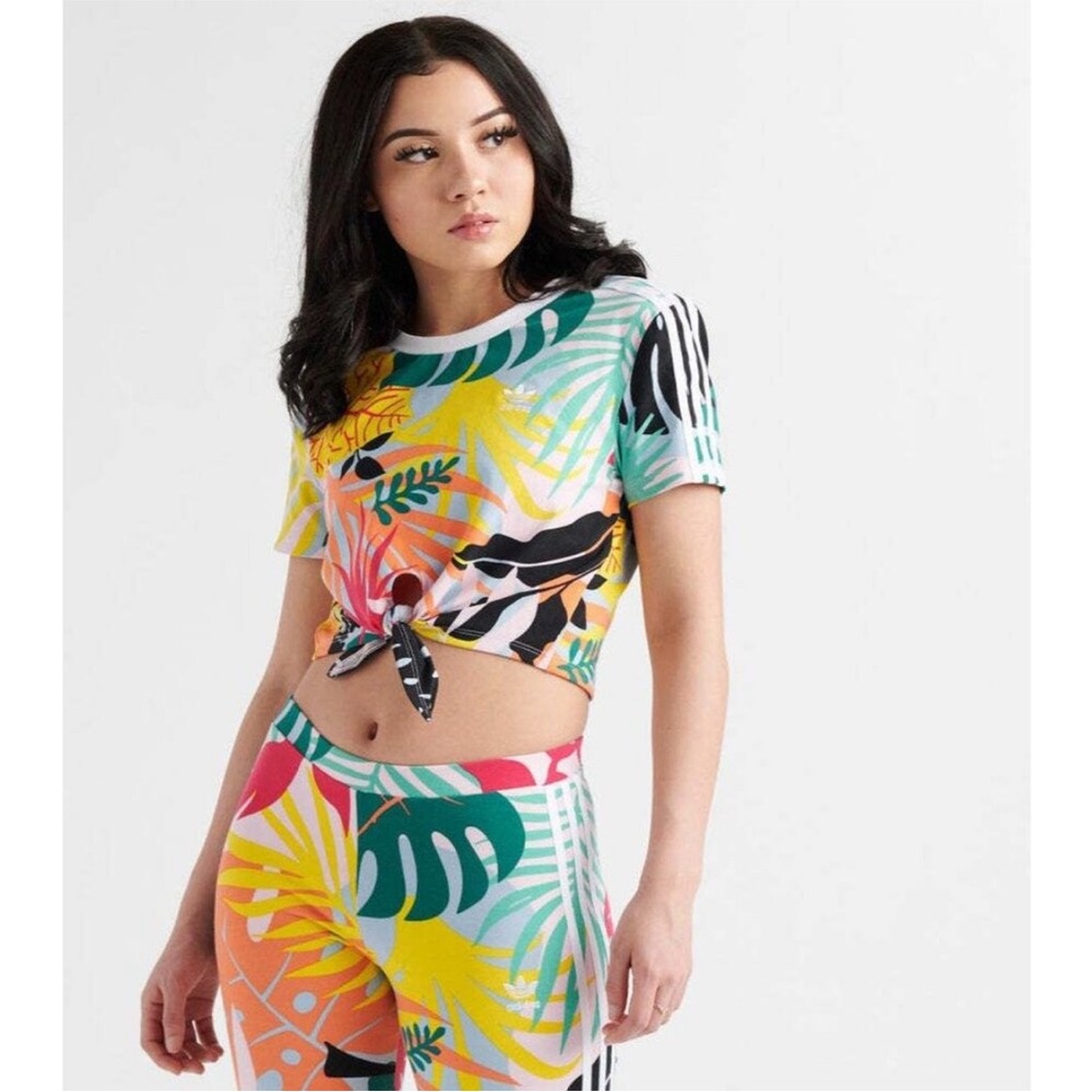 Adidas Womens Tropical Print Tie-Front Cropped T-Shirt Multicolor Size M Island